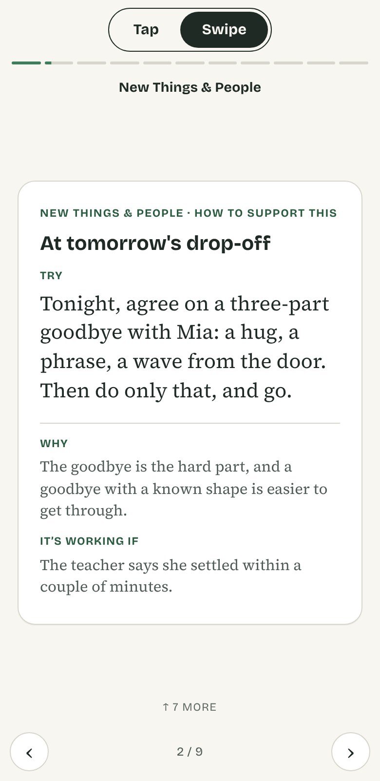 A profile card on a phone titled How to support this: what to try at tomorrow's drop-off, why it works, and how you will know it is working