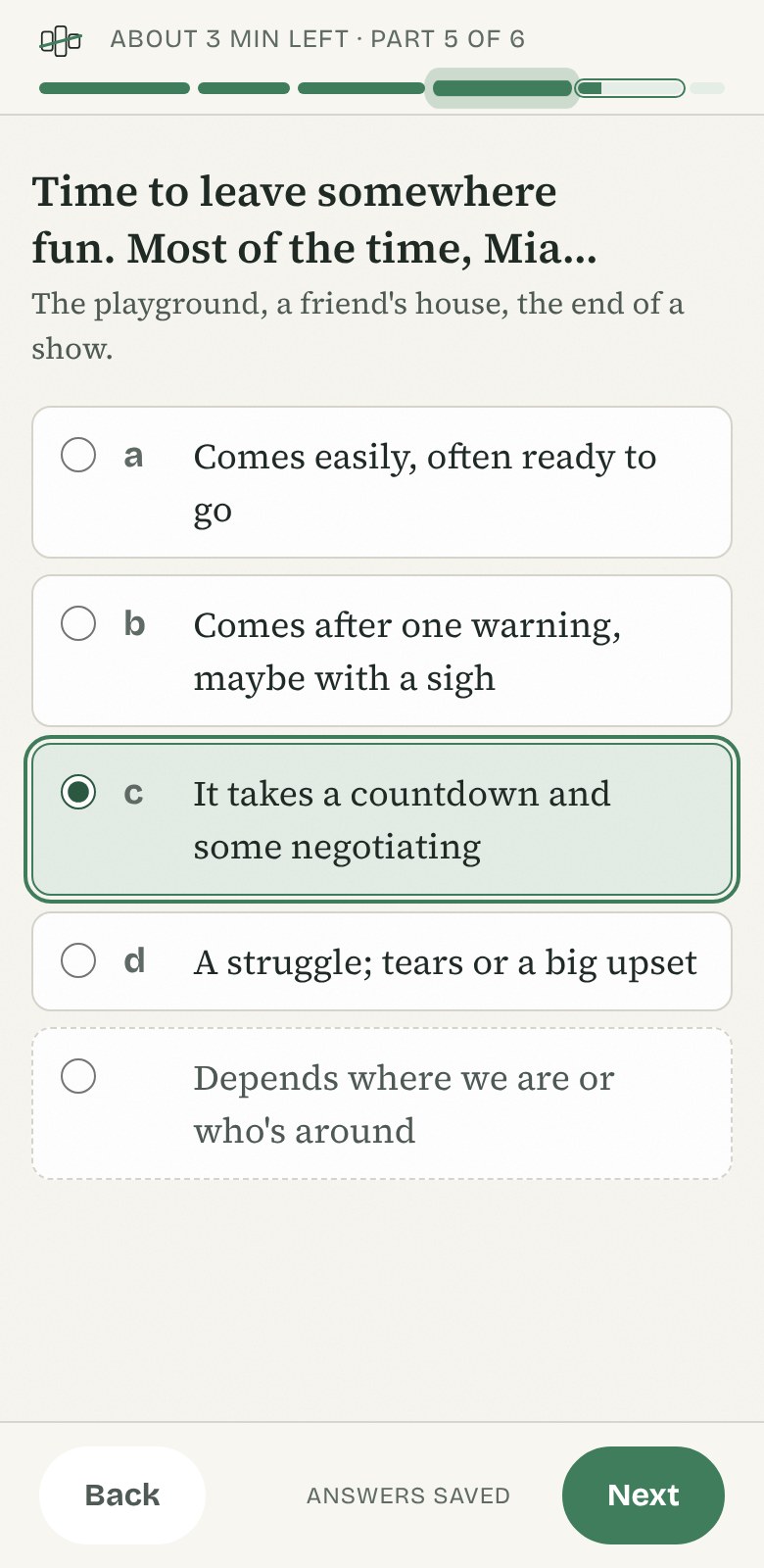 A quiz question on a phone: Time to leave somewhere fun. Most of the time, Mia… with multiple-choice answers